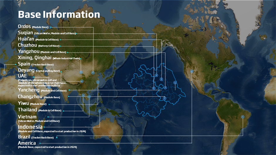 A map of Trinasolar's manufacturing bases around the world.